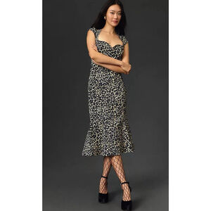 Anthropologie The Cecily Fit & Flare Midi Animal Print Sweetheart Neck Dress XS